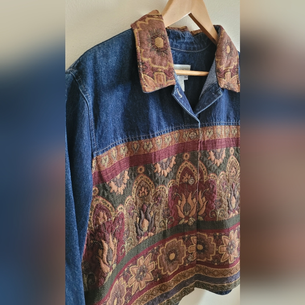 Coldwater Creek Denim and Tapestry Textured Jacket, Women's XL, Blue Jean, Brown - Picture 2 of 10